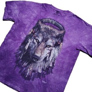 The Mountain Wolf Headphones T-Shirt Mens XL Purple Tie Dye Native Manimals